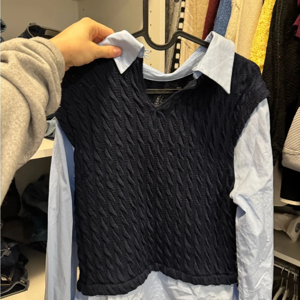 New with tags Zara Navy Cable Knit Sweater Vest with Light Blue Shirt Collar - Picture 3 of 5